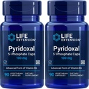 Life Extension Pyridoxal- 5 '-Fosforan Czapki P5P 100 mg, 90 Kapsułki Veg (Opakowanie po 2) - Zaawansowany suplement witaminy B6