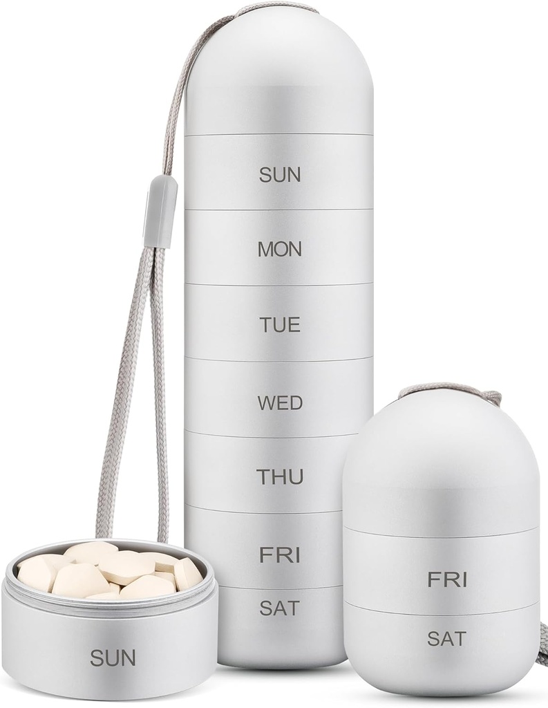 Zannaki Metal Moisture Proof Weekly Pill Organizator, Stackable Aluminium Alloy BPA Free Travel Turystyka 7 dni Pill Box Case Wodoodporny i duży komplet do przechowywania tabletek, Witaminy, Olej rybny, Suplementy