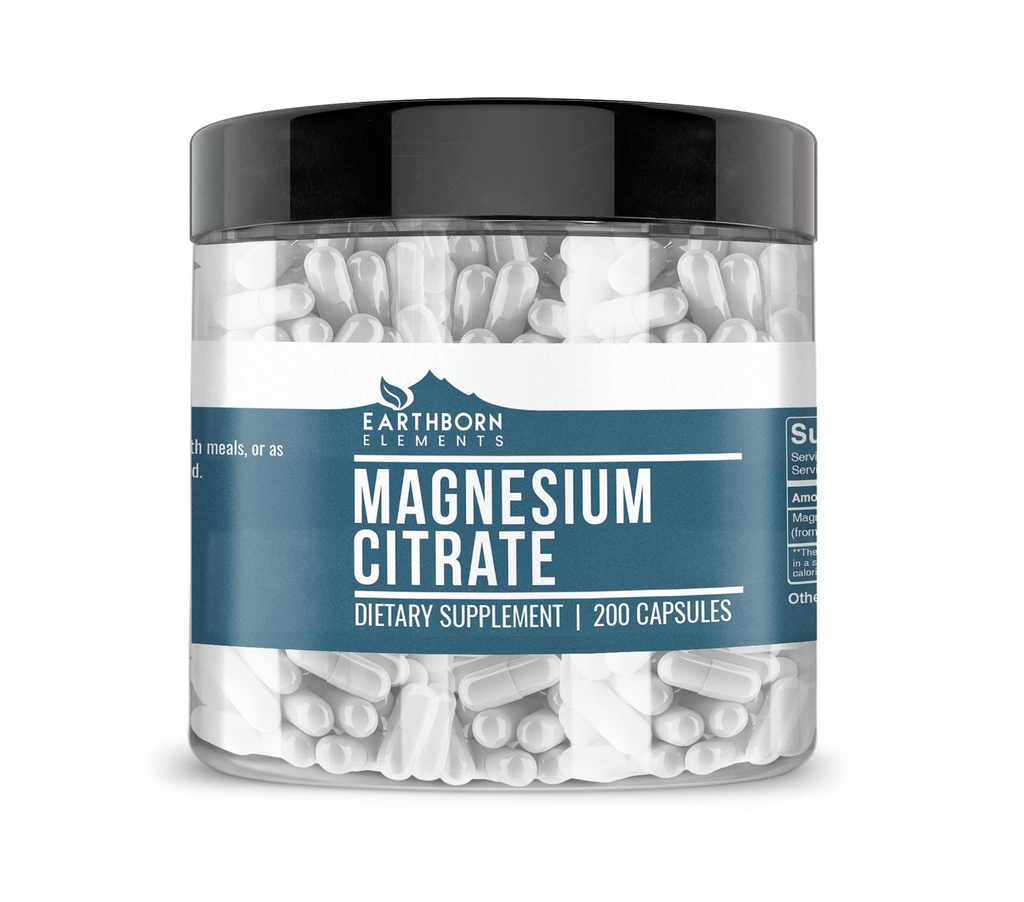 Earthborn Elements Magnezu Citrate 200 Kapsułki, Czysty i Nierozcieńczony, Brak dodatków