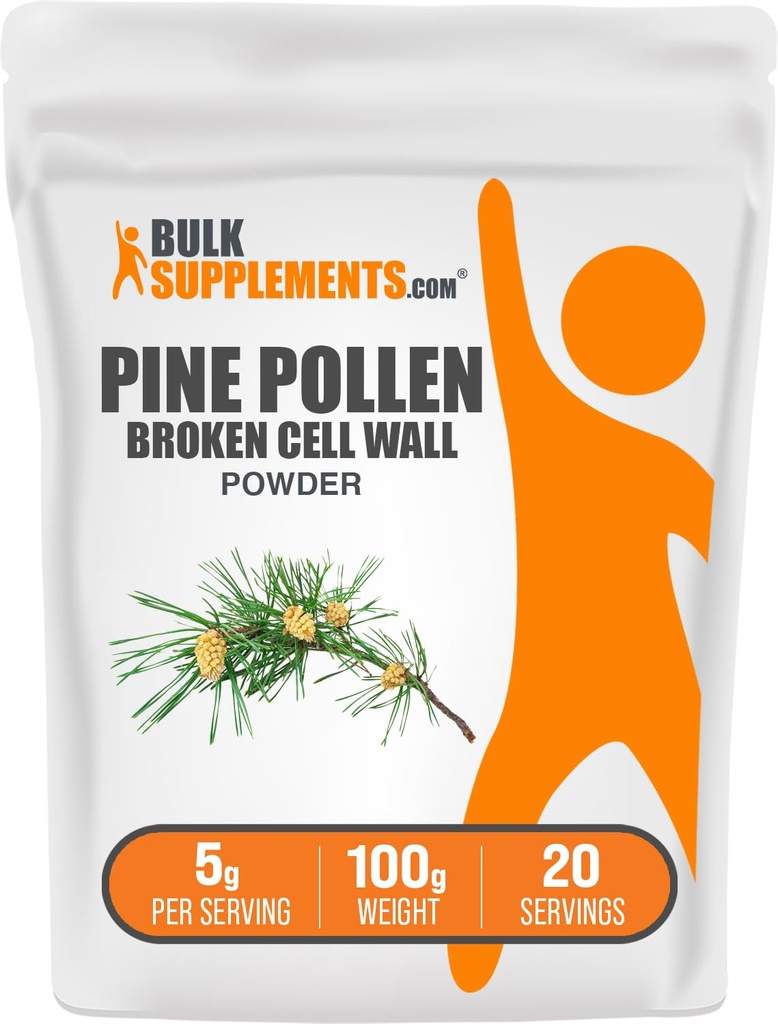 BulkSupplements.com Pine Pollen Powder - rozbita ściana komórkowa, Pine Pollen Supplement, Herbal Supplement Free, 5g per Serving, 100g (3.5 oz) (Opakowanie po 1)