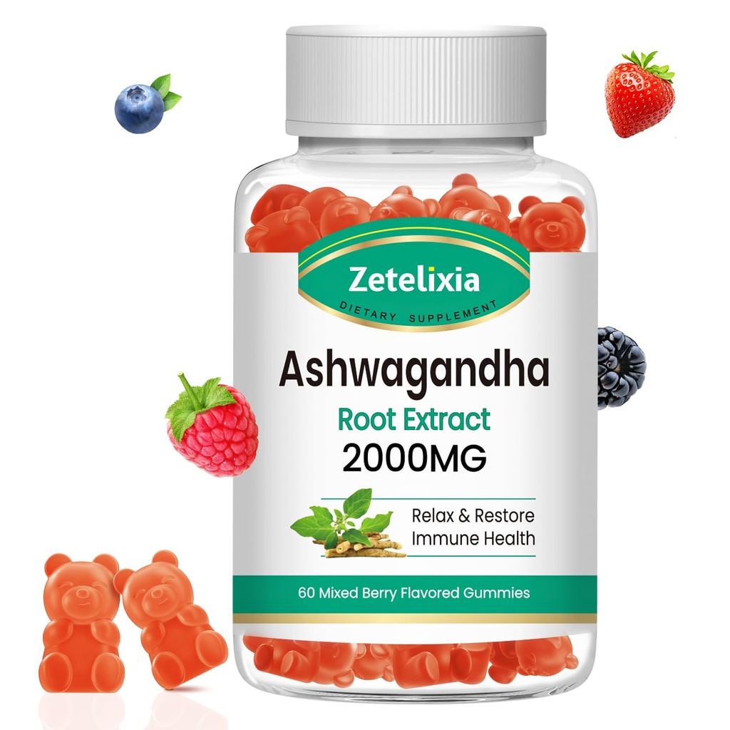 Gummy Ashwagandha, Witamina D3 o dużej mocy, Organic Ashwa Root Extract Supplement for Calm Mood Relaxation & Immune Support, Mieszane Berry Vegan Sugar Free Chews 60 Count