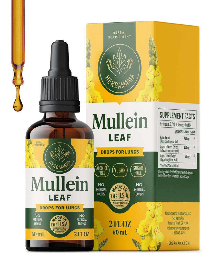 HERBAMAMA Mullein Drops for Lungs - Vegan Mullein Leaf Extract for Lungs Cleanse Support - Non-GMO, Alkohol & Supplement Supplement Supply, 28-Day Supply