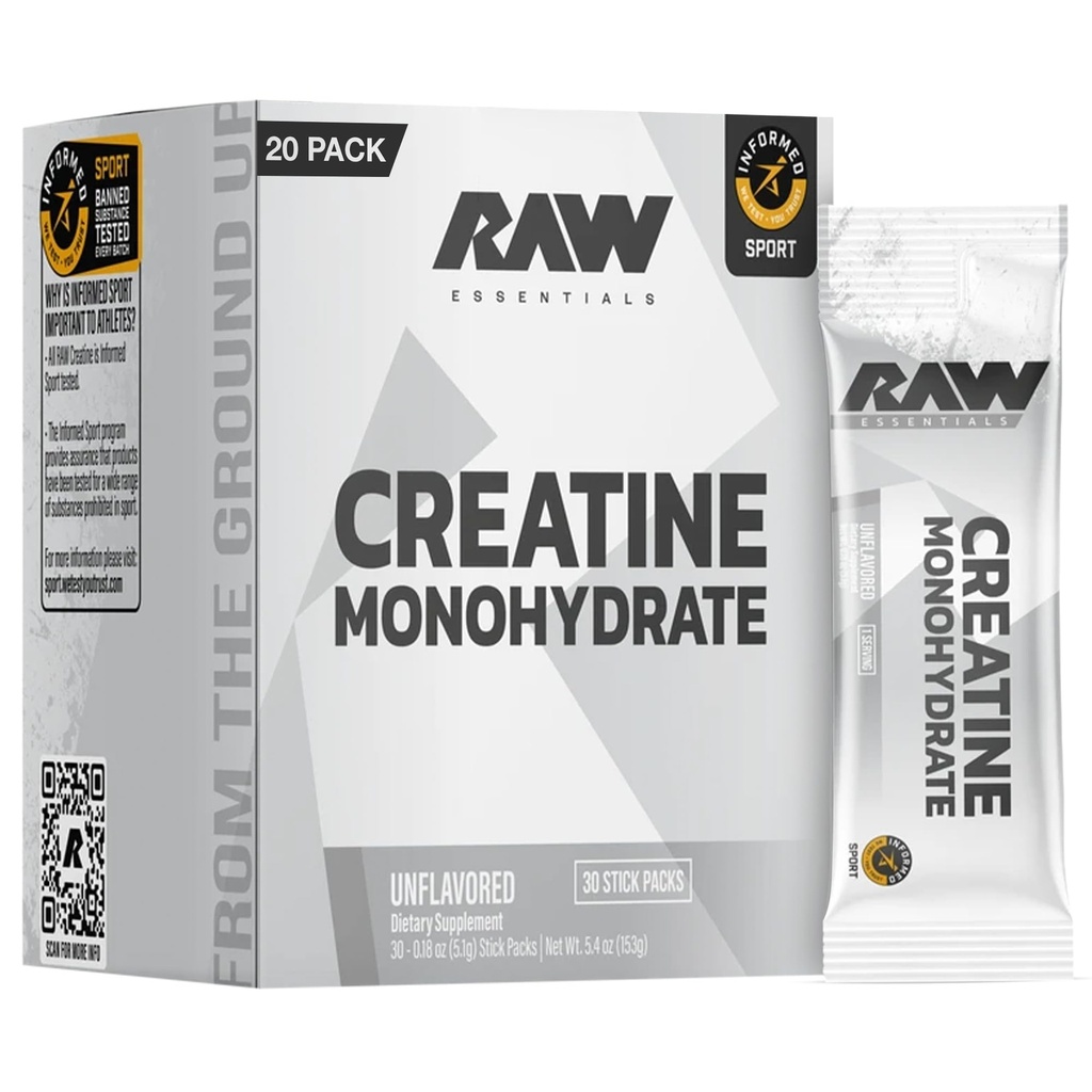 RAW Creatine Monohydrate to-Go Stick Packs, Unflavored – 5g Micronized Creatine Per Serving – Muscle Strength, Power & Recovery Support