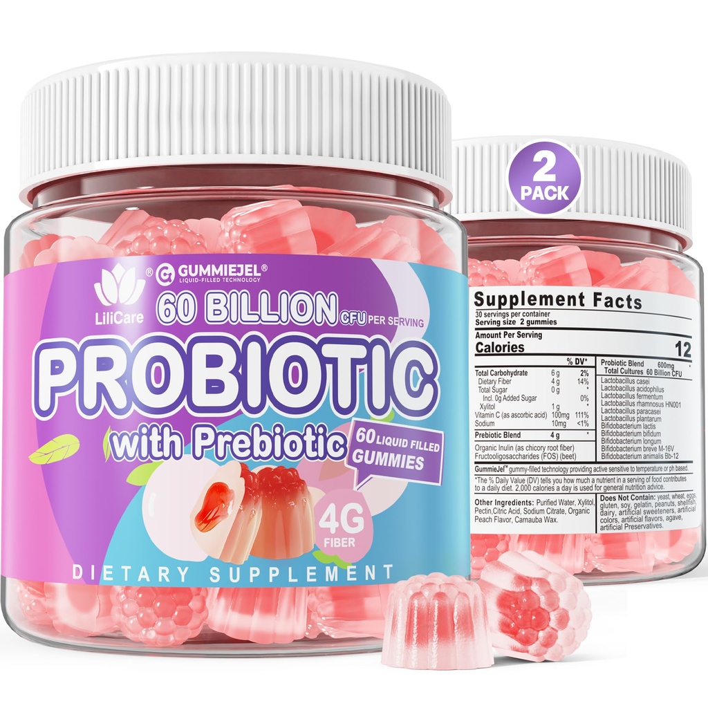 2Pack Probiotyczne + Prebiotyki Gummies Sugar Free 60 Miliard CFU, 11 Szczepy Probiotyki Wypełnione Gummies dla kobiet Mężczyźni Digestive Health i Gut Health, Wspomaga zaparcia, Biegunka, Gaz & Bloating