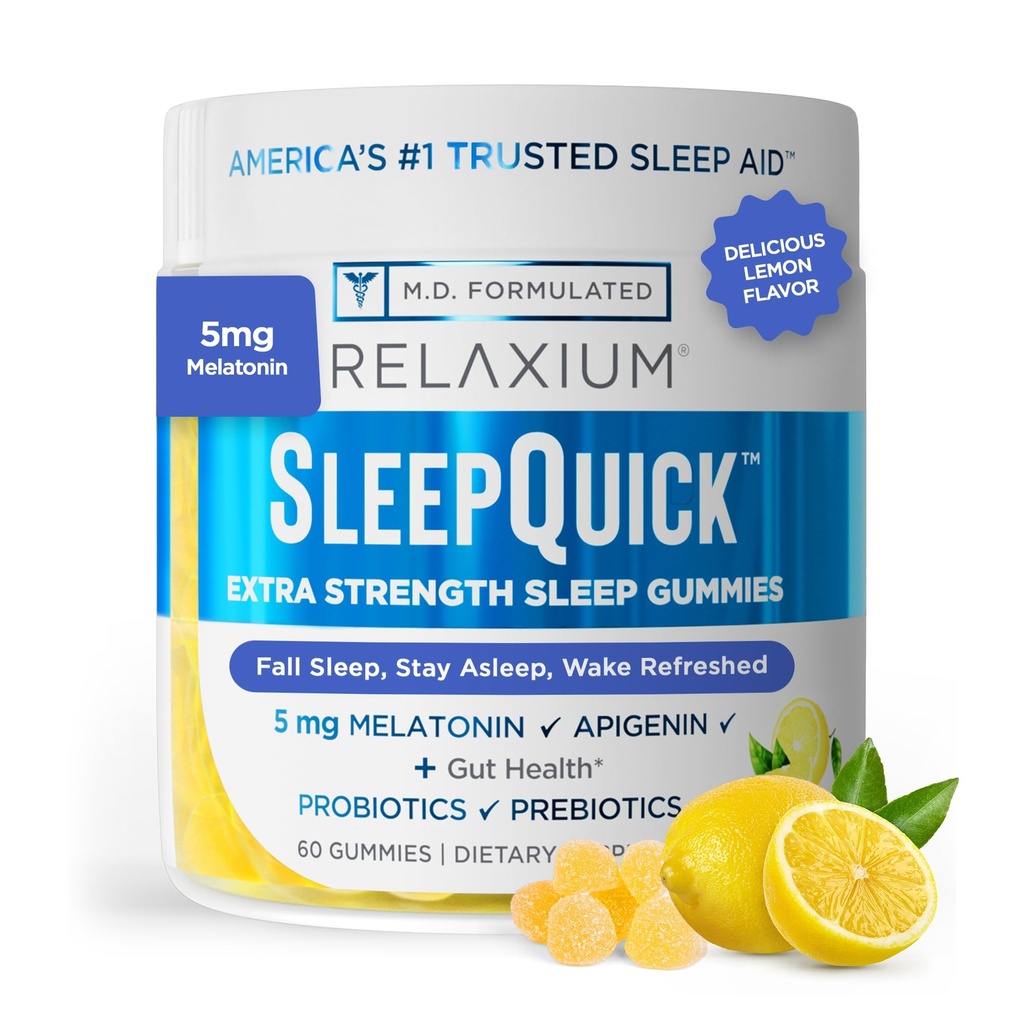 Relaxium Sleep Quick Gummy, Sleep Assistance Support, 5 mg Melatonina, Witamina D-3, Mieszanka prebiotyczna i probiotyczna, Gluten & Drug Free, Lemon Flavor, 60 Gummies