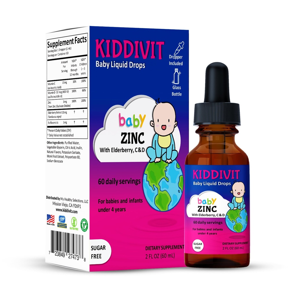 Kiddivit Baby Cynk Ciecz Krople z Elderberry, Witamina D3 & C - Delikatny suplement wsparcia immunologicznego - 60 Codziennie Słupki, Inulina Fortyfikowany włókno prebiotyczne - Bez cukru, Bez glutenu, Wegetarianin, 2oz
