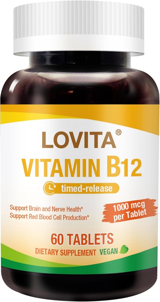 Lovita Witamina B12 1000 µg (B12 Witaminy jako cyjanokobalamina), Timed Release B12, Przyjazny weganom, Wsparcie układu nerwowego, 60 Tabletki wegetariańskie (2 Dostawy miesięczne)