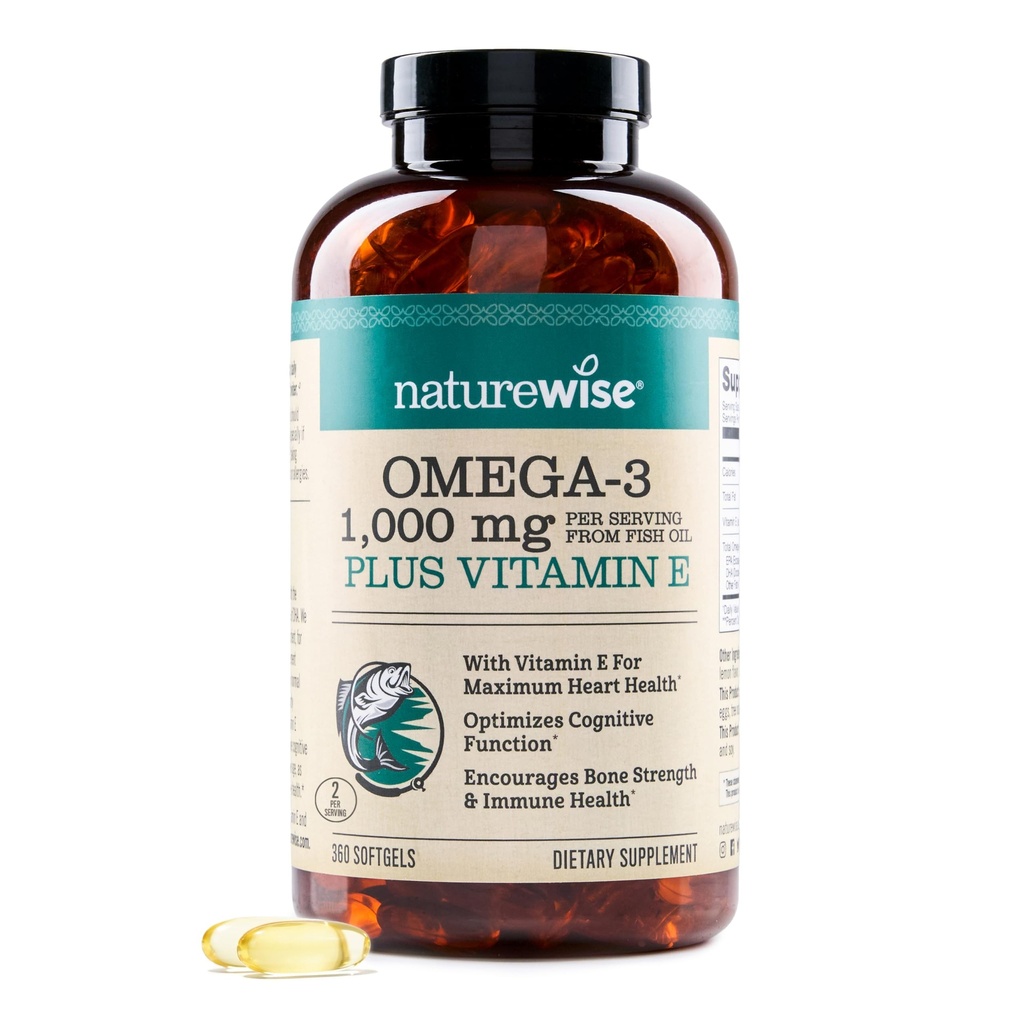 NatureWise Extra- Siła Omega 3 Suplement oleju rybnego - 1000mg na serwowanie - 600 EPA & 400 DHA i witaminy E - Wsparcie dla Heart & Brain Health - Lemon Flavor, GMO- Free - 360 Softgels [6- Month Supply]