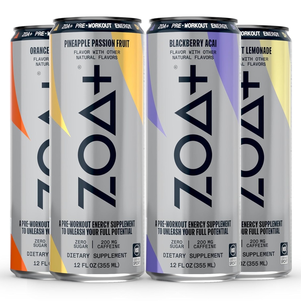 ZOA + PreWorkout Energy Drink, Variety Bundle - NSF Certified for Sport with Zero Sugar, Nitric Oxide Support, B & D Vitamin, Amino Acids i Electrolytes - 48 opakowań