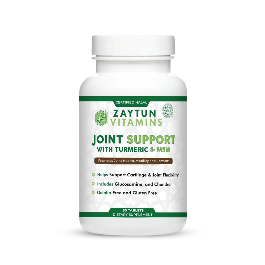 Zaytun Halal Joint Support with Turmeric + Glucozamine, Promotes Joint Health, Elastyczność i wspiera mobilność, 1 Miesiąc dostaw, No Gluten, No Gelatin, Made in USA - Halal Vitamins