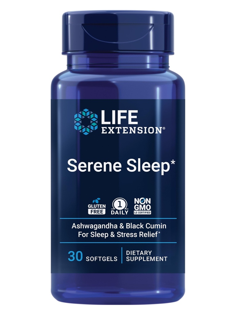 Life Extension Serene Sleep - Ashwagandha, Czarny Cumin - Suplement do snu, Spokój, Relaks, Wsparcie snu Bez Melatoniny - Raz dziennie, Gluten- Free, Non-GMO - 30 Softgels