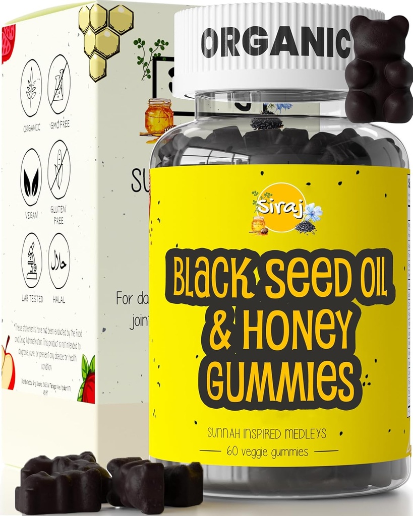 Siraj Organic Black Seed Oil Gummies w / Miód & 15% Thymoquinone 124; Multiwitamina do wsparcia immunologicznego, Stress Relief Gummy Witaminy 124; Turmeric, Jabłko Cydr Ocet, Multivitamin Gummies