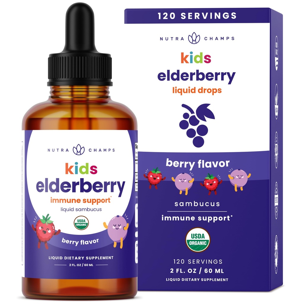 NutraChamps Black Elderberry for Kids Liquid Drops, 10: 1 Extract Sambucus Elderberry Syrop dla dzieci, Sugar-Free European Elderberry Drops Berry Flavor, Wsparcie immunologiczne, 4 Month Supply