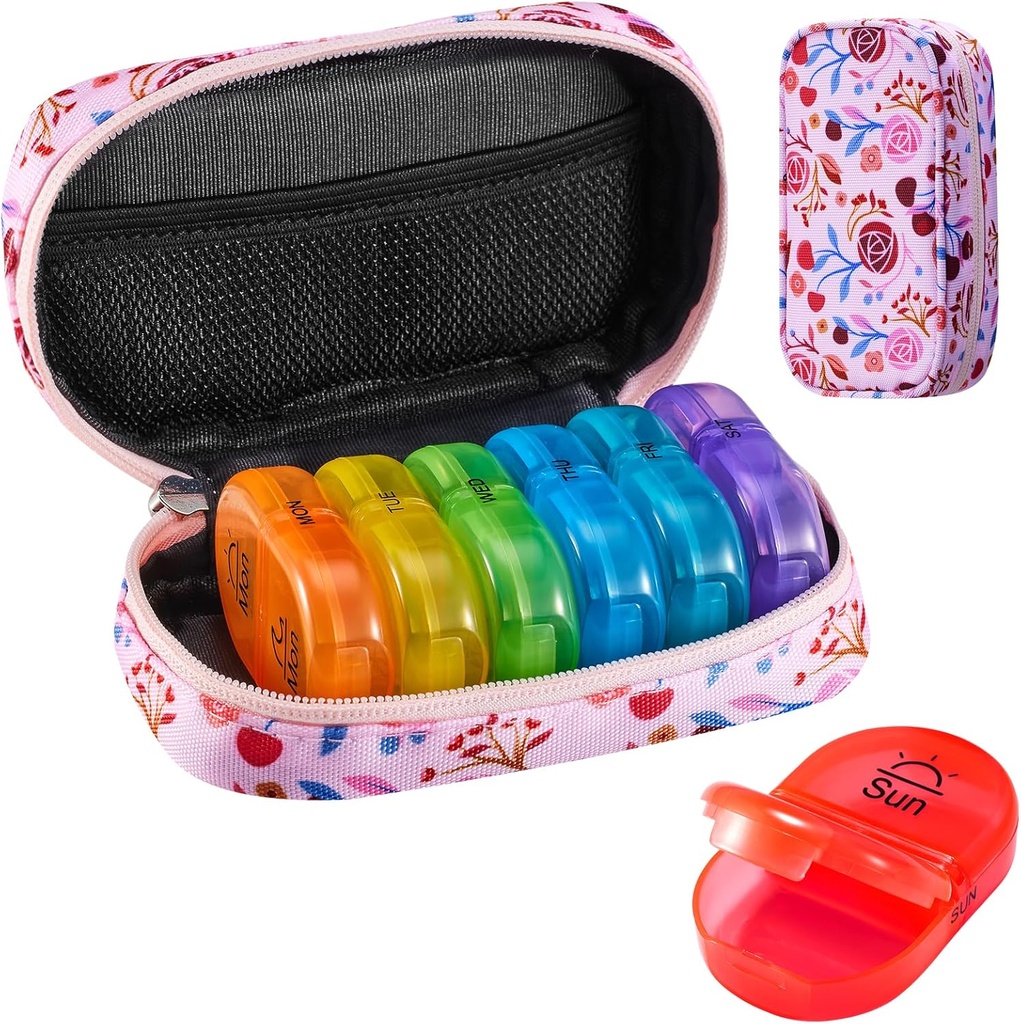 Serfeymi Cotygodniowy Travel Pill Organizator 2 razy w ciągu dnia PM Zmodernizowany Rainbow Pill Box 7 Dzień z przenośnym Zipper Canvas Pill Case, Medicine Organizer for Pills, Witaminy, Oleje rybne - różowy 01