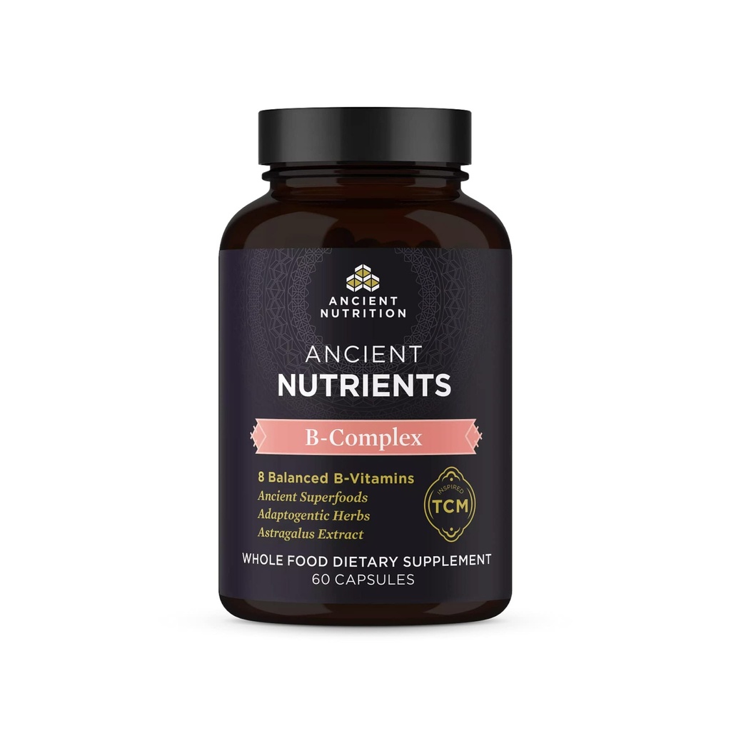 Ancient Nutrition witaminy B Complex Supplement, 8 Zbalansowane witaminy B-, Wspiera zdrowe poziomy energii, Zioła adaptacyjne, Enzymy Aktywowane, Paleo & Keto Przyjazny, 60 Kapsułki