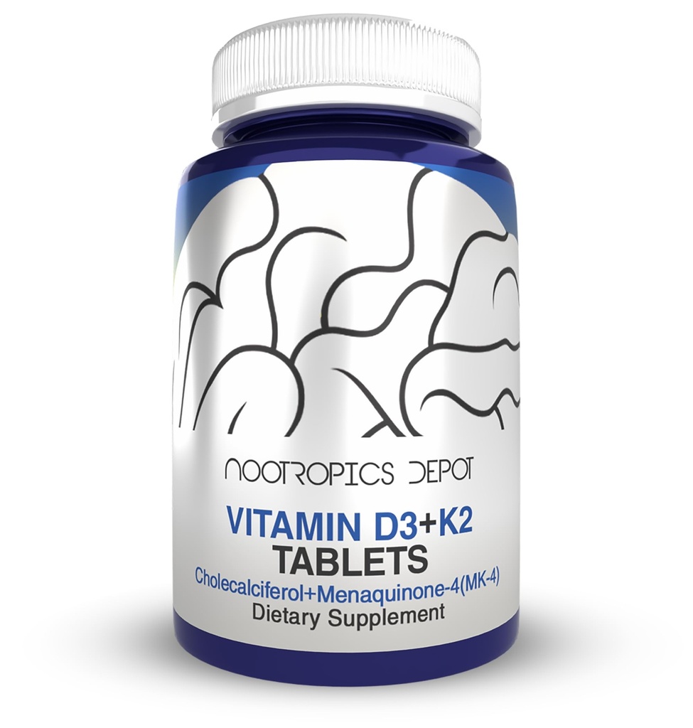 Nootropics Depot Witamina D3 + K2 z witaminą C Tabletki 124; 60 Hrabia 124; Cholekalcyferol + Menaquinone- 4 (MK- 4) Glukoza 124; Nastrój, & Bone Health 124; Zdrowe wchłanianie wapnia