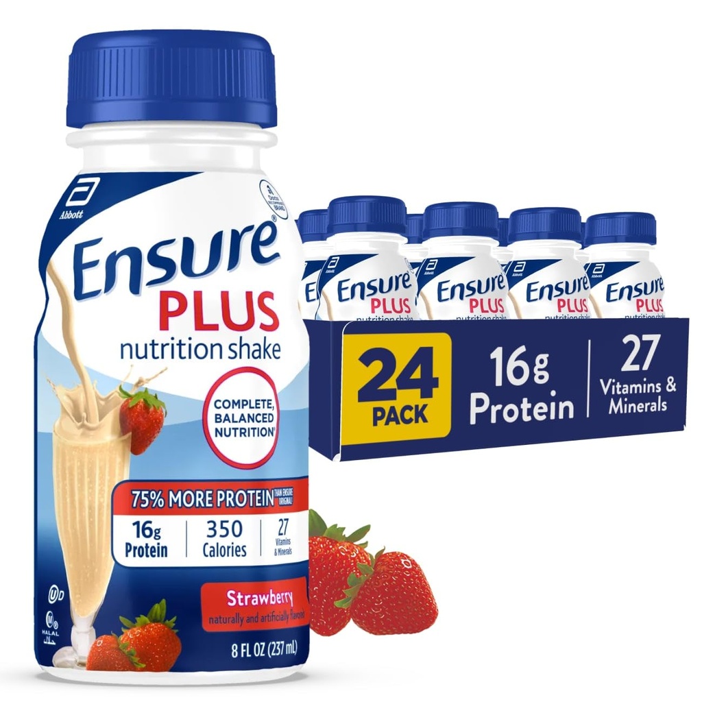 Zapewnić Plus Strawberry Nutrition Shake Hughes 124; Posiłek zastępczy Shake 'a 124; Gotowy do picia 124; 16 g białka i 27 witamin i minerałów Hughes 124; 8 fl oz - 24 Pack