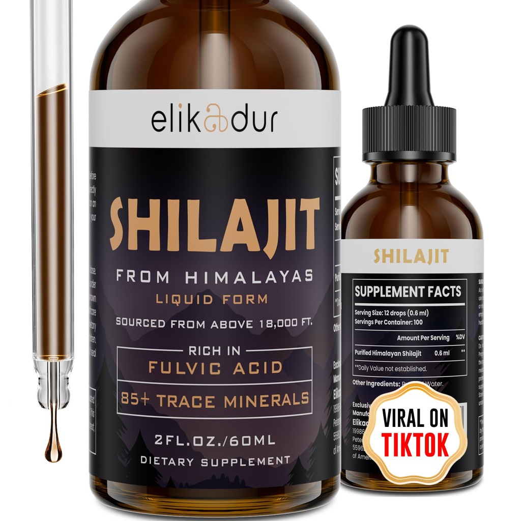 Shilajit Resin Organic Liquid Supplement, Shilajit Himalayan Organic, Witaminy płynne dla kobiet i mężczyzn, 85 + Minerały śladowe, Alternatywa dla Resin & Kapsułki, Energy & Immune Function, Wegan, 60 ml
