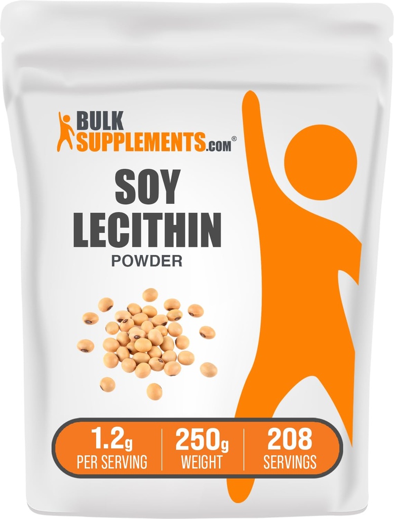 BulkSupplements.com Proszek sojowy Lecithin - Suplement lecytyny, Suplement odżywczy, Klasa żywności - Bez glutenu, 1,2g na jedną porcję, 250g (8,8 oz) (opakowanie po 1)