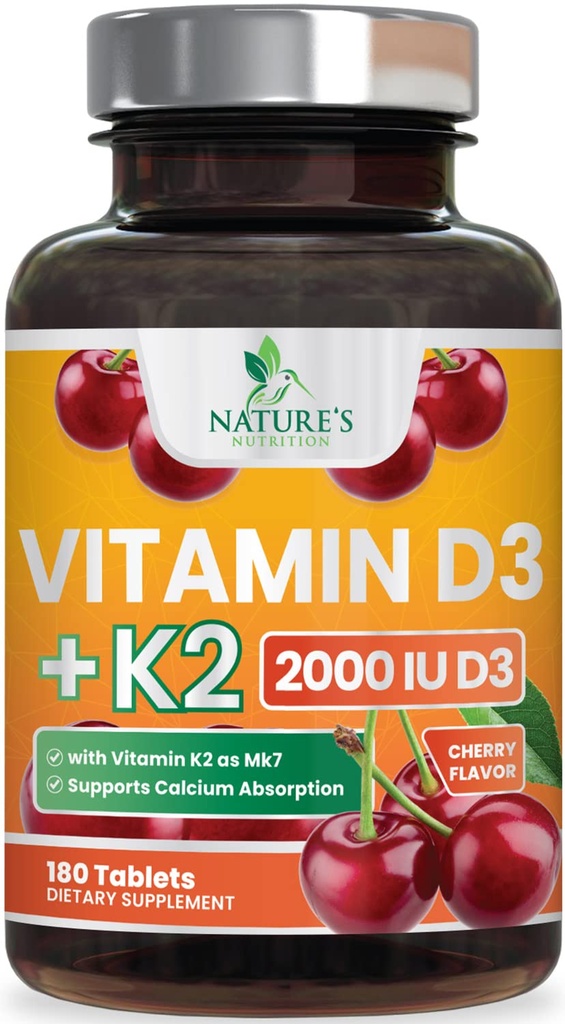 Witamina D3 K2 2000 IU Plus z K2 (MK- 7) 75 μg - Vitamin D & K Complex Supplement for Bone, Zęby, Mięśnie, Wchłanianie wapnia, Wspiera zdrowie immunologiczne i serca, Nie-GMO Chewable Formuła - 180 Tabletki