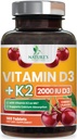 Witamina D3 K2 2000 IU Plus z K2 (MK- 7) 75 μg - Vitamin D & K Complex Supplement for Bone, Zęby, Mięśnie, Wchłanianie wapnia, Wspiera zdrowie immunologiczne i serca, Nie-GMO Chewable Formuła - 180 Tabletki