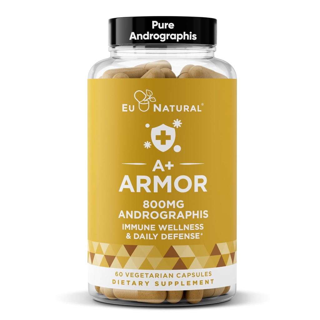 A + Armor Andrographis Pure 800 Mg - Zdrowe funkcje układu immunologicznego, Physical Wellness, Potężna siła do ochrony sezonowej - Full- Spectrum & Standaryzowane - 60 Kapsułki Vegan miękkie