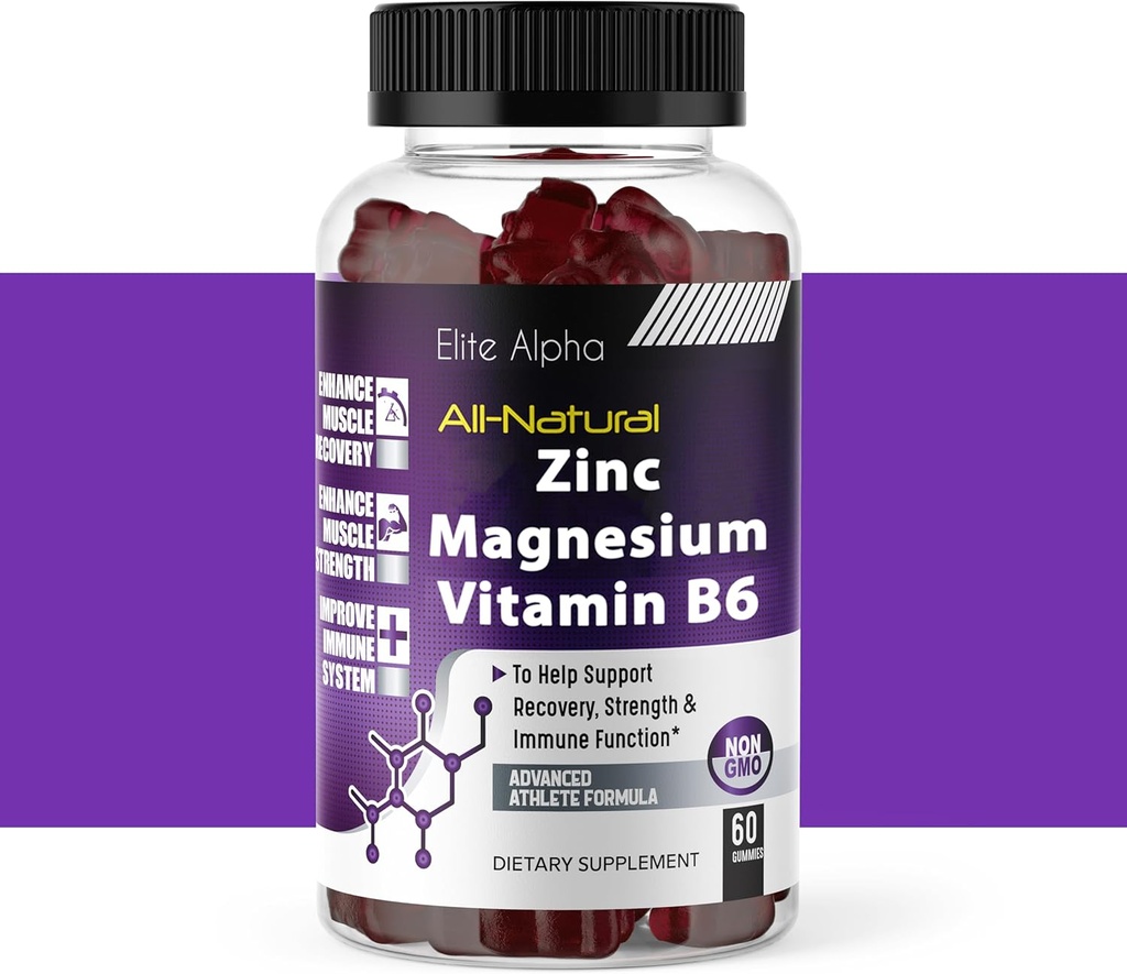 Cynk + Magnez + Witamina B6 Max Wytrzymałość Gummies - Mocny All- Naturalny Cynk, Magnez, B6 dla wsparcia immunologicznego i energii mięśniowej i odzysku