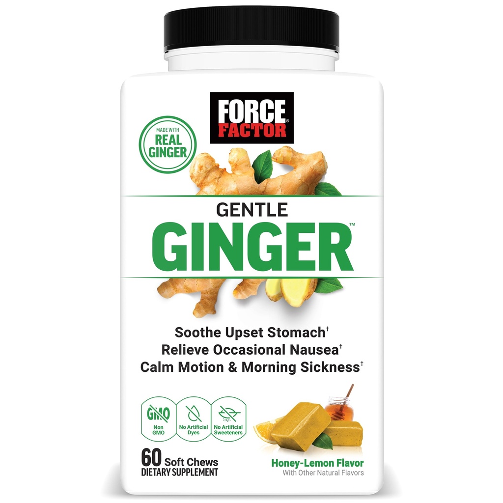 FAKTOR FORCE Delikatne Ginger Chews dla Nudności Relief, Motion choroby, i choroby porannej, Ginger Supplement z witaminą B6 dla wsparcia digestive, Non-GMO, Honey- Lemon Ginger Flavor, 60 Soft Chews