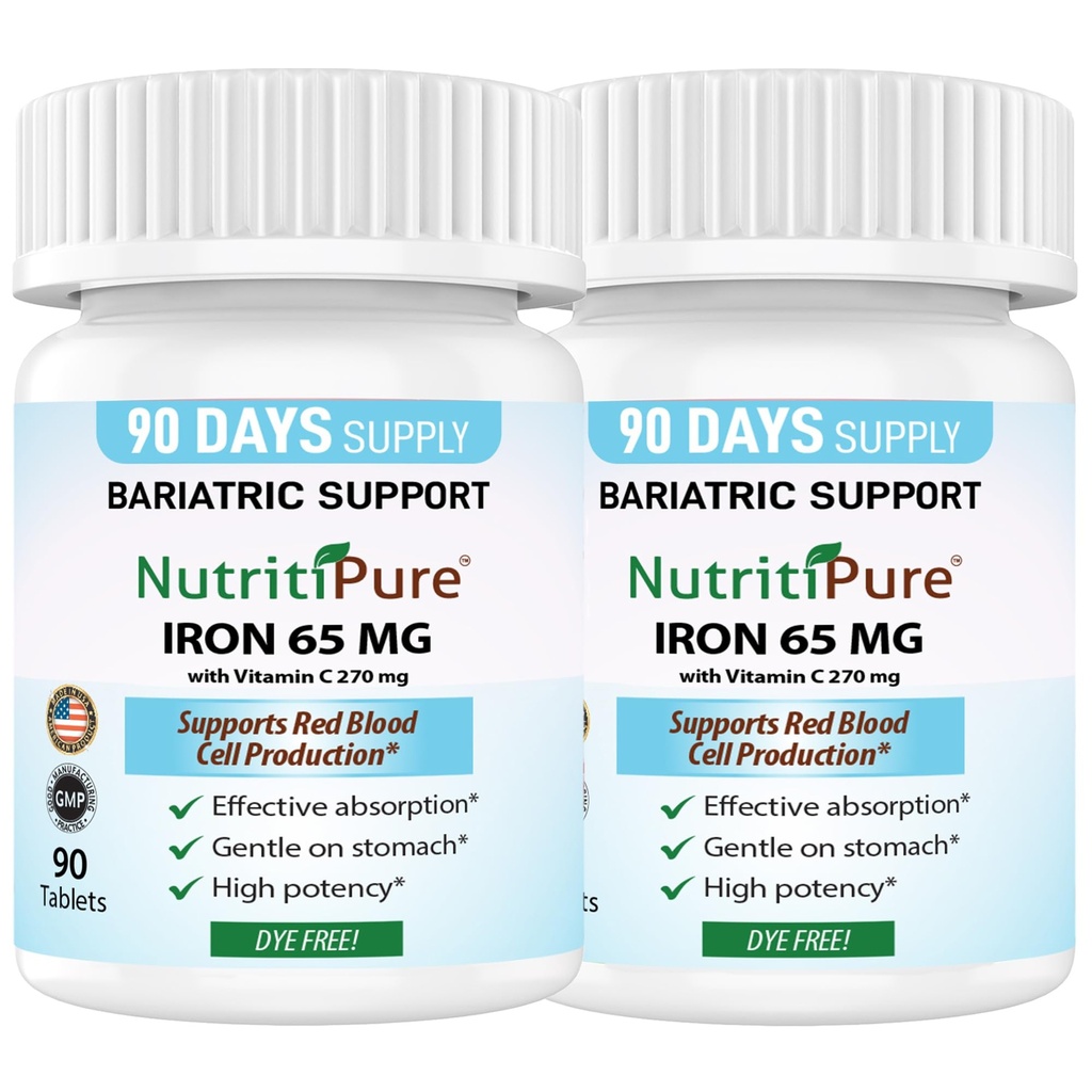 Tabletka z żelaza karbonylu 65 mg z 270 mg witaminy C 124; 180 Day Supply 124; dla kobiet / mężczyzn 124; Witaminy bariatryczne o dużej mocy dla pacjentów z WLS, w tym GASTRIC Bypass