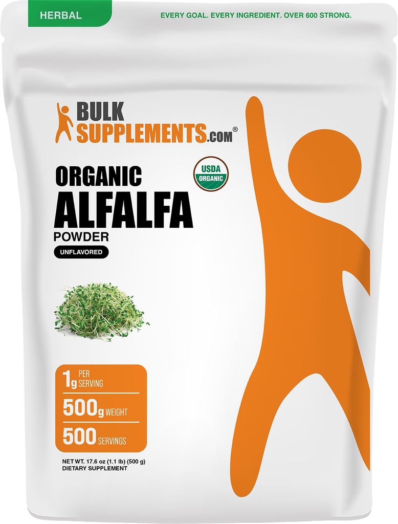 BulkSupplements.com Organic Alfalfa Grass Powder - Alfalfa Supplement, Green Superfood Powder - Wegan & Gluten Free, 5g na Serving, 500g (1.1 lbs) (Opakowanie po 1)