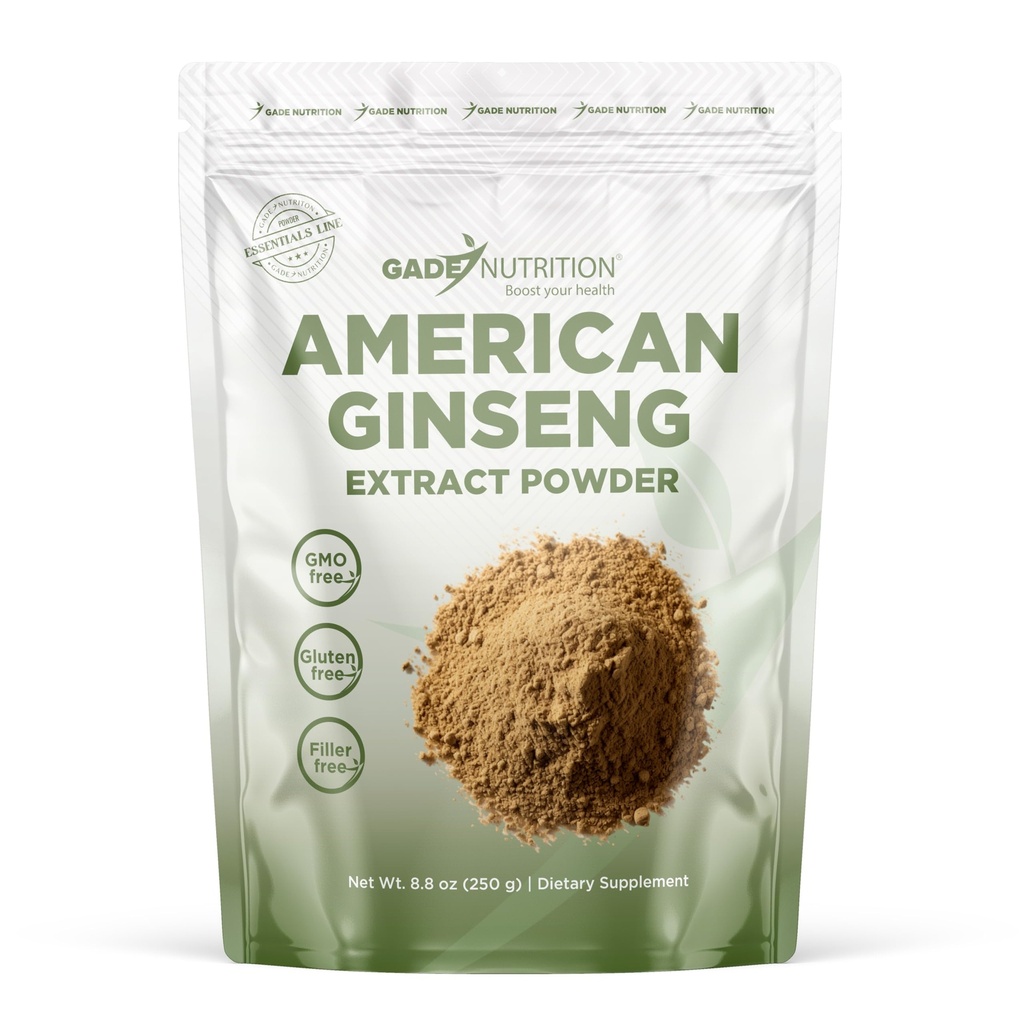 Gade Nutrition American Ginseng Extract Powder | Panax quinquefolius Leaf Non-GMO, Gluten-Free, Dairy Free | 250g (8.8 oz), 1000mg per Serving, 250 Servings | Mental and Physical Endurance | USA Made