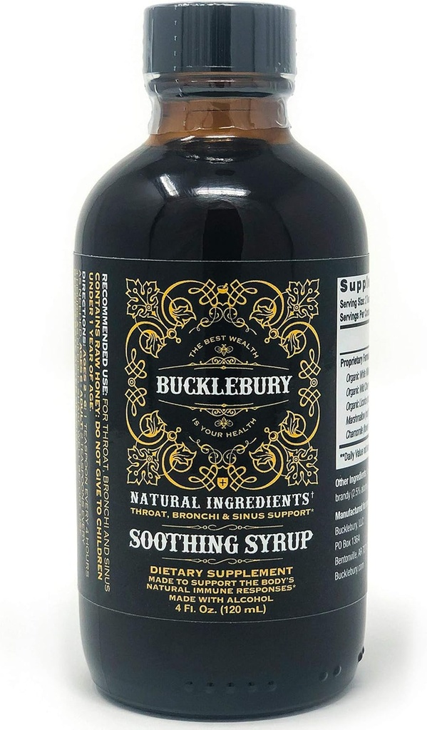 BUCKLEBURY Kojący Syrop ziołowy - Górne wsparcie oddechowe, Oryginalne Premium Herbal Wszystko w jednym suplemencie dla Sinus, Bronchi, Gardło i Wsparcie oddechowe - 4oz