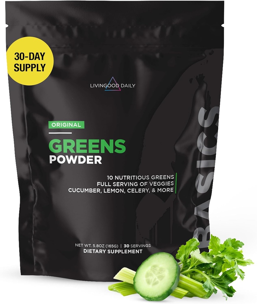 Livingood Daily Basic Zielonych Proszek, Super Zielone Picie Mix Spirulina, Brokuły, Kale, Trawa pszenna & Chlorella, Organiczny Mieszanka roślinna, Wegan, Gluten Free, Nie GMO, 30 Sługi