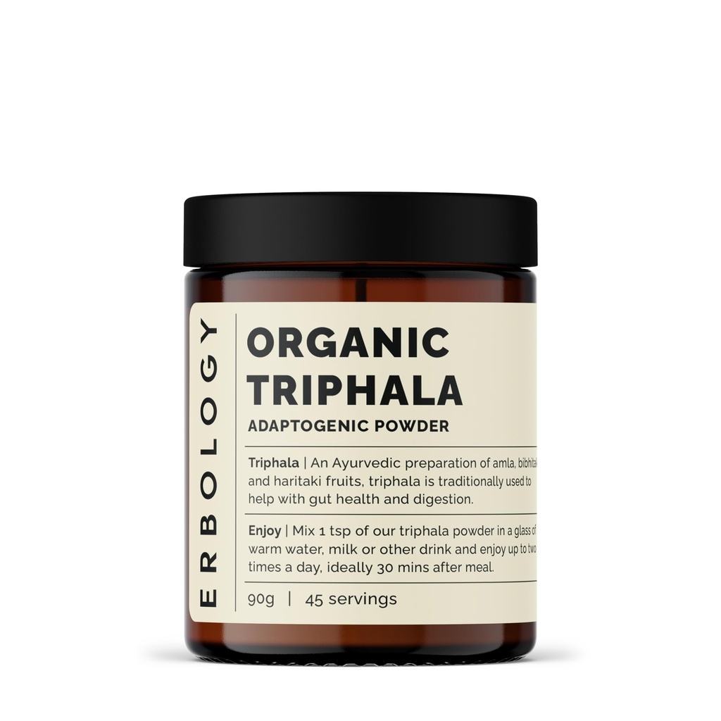 Erbology 100% Organic Triphala Powder 3.2 oz - 45 Servings - Ayurvedic Blend of Amla, Haritaki & Bibhitaki - Gut Health - Straight from Farm in India - Raw, Vegan and Gluten-Free - Non-GMO