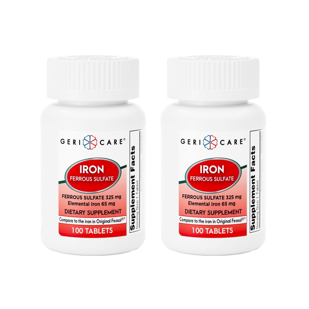 GeriCare Ferrous Sulote Tablets 325 mg, Żelazo elementarne 65 mg suplement żelaza wysokiej mocy 124; Suplement diety 100 Count. (Opakowanie 2)