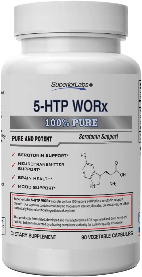 Superior Labs - 5- HTP Worx - 150 mg Pure 5- HTP Plus mocny Mieszanka serotoninowa - 90 Kapsułki roślinne - Amplifikacja serotoniny - Neuroprzekaźnik Wsparcie - Zdrowie mózgu - Wsparcie dla nastroju