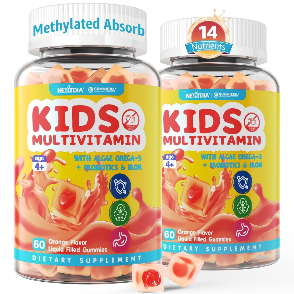 (2 opakowania) Dzieci Multivitamin Gummies z żelaza, Cukier wolny, Dzieci Codzienne witaminy + Probiotyki, Algae Omega 3 (EPA / DHA), A, C, D, Metyl B12, Folate, B6, Cynk, Biotin, do zdrowego wzrostu, Wsparcie immunologiczne