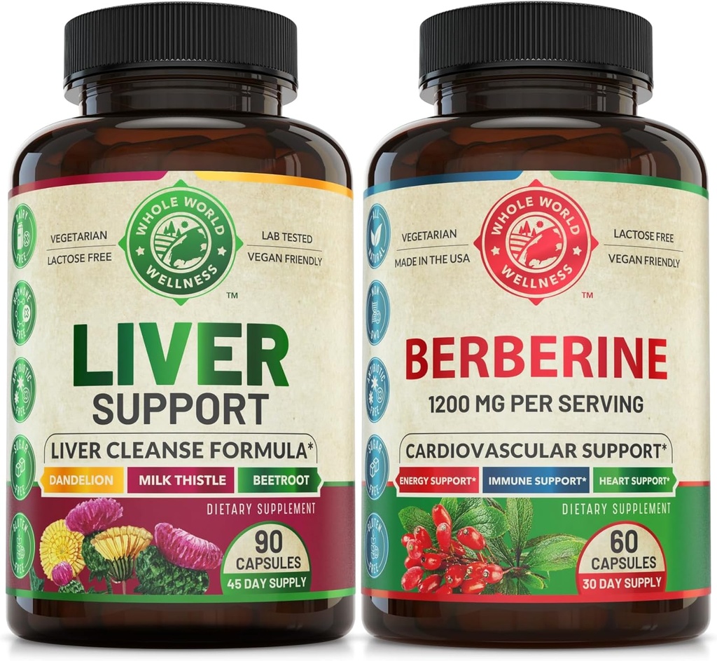 Liver Cleanse Detox Repair Formuła i Premium Berberine Bundle (jedna butelka każdy). Wspiera zdrowie wątroby, układu sercowo-naczyniowego, zwiększenie energii, funkcje metaboliczne. USA Made.