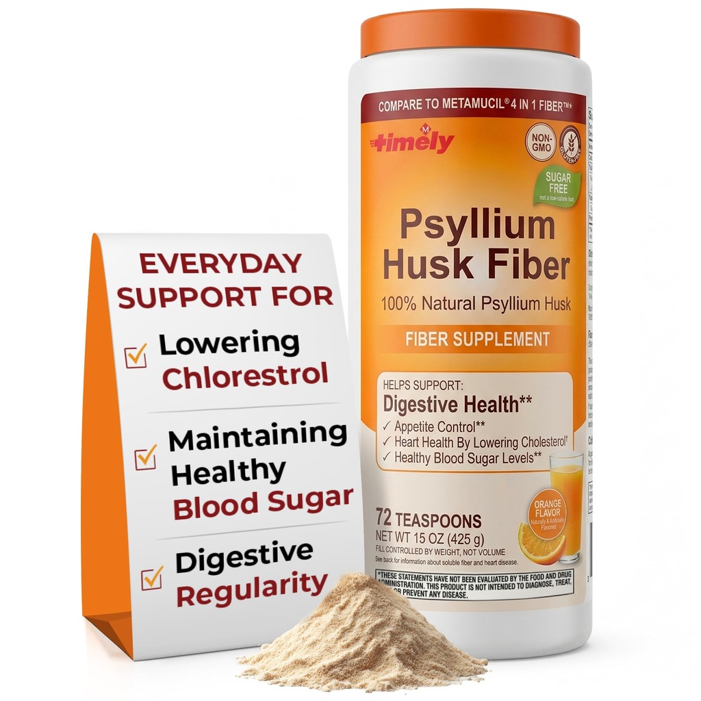 TIME-Cap Labs 72 Teaspoons Psyllium Husk Powder Fiber Supplement - Orange Flavor Sugar Free Formula for Digestive Health & Heart Health Support, Gluten Free, Non GMO, 15 oz