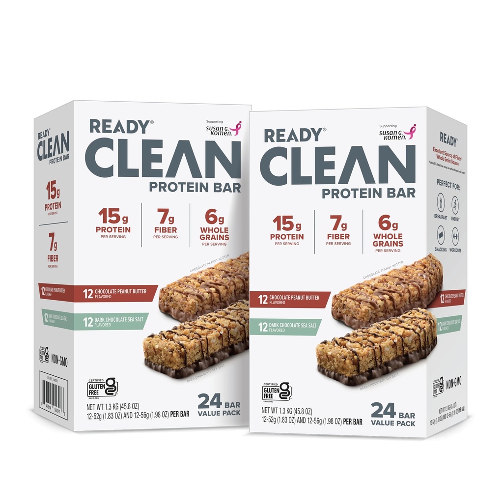 Ready® Protein Bars Twin Pack - High-Protein Snack with 15g Whey Protein, With Flaxseeds and Omega-3s for Sustained Energy, Supports Lean Muscle and Recovery, No Artificial Sweeteners - 48CT Variety Pack (2x 12ct Chocolate Sea Salt and 2x 12ct Chocolate Peanut Butter)