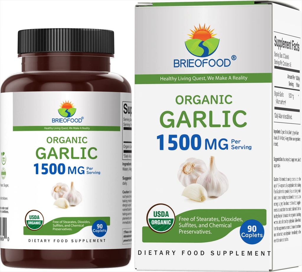 Brieofood Organiczny czosnek 1500mg, 45 Służenie, Wegetarianin, Gluten Free, 90 Tabletki wegetariańskie