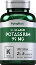 Piping Rock Chelated Potasu Suplement 99mg 124; 250 Kapulety 124; Glukonian potasu 124; Wegetarian, Non-GMO, Gluten Free