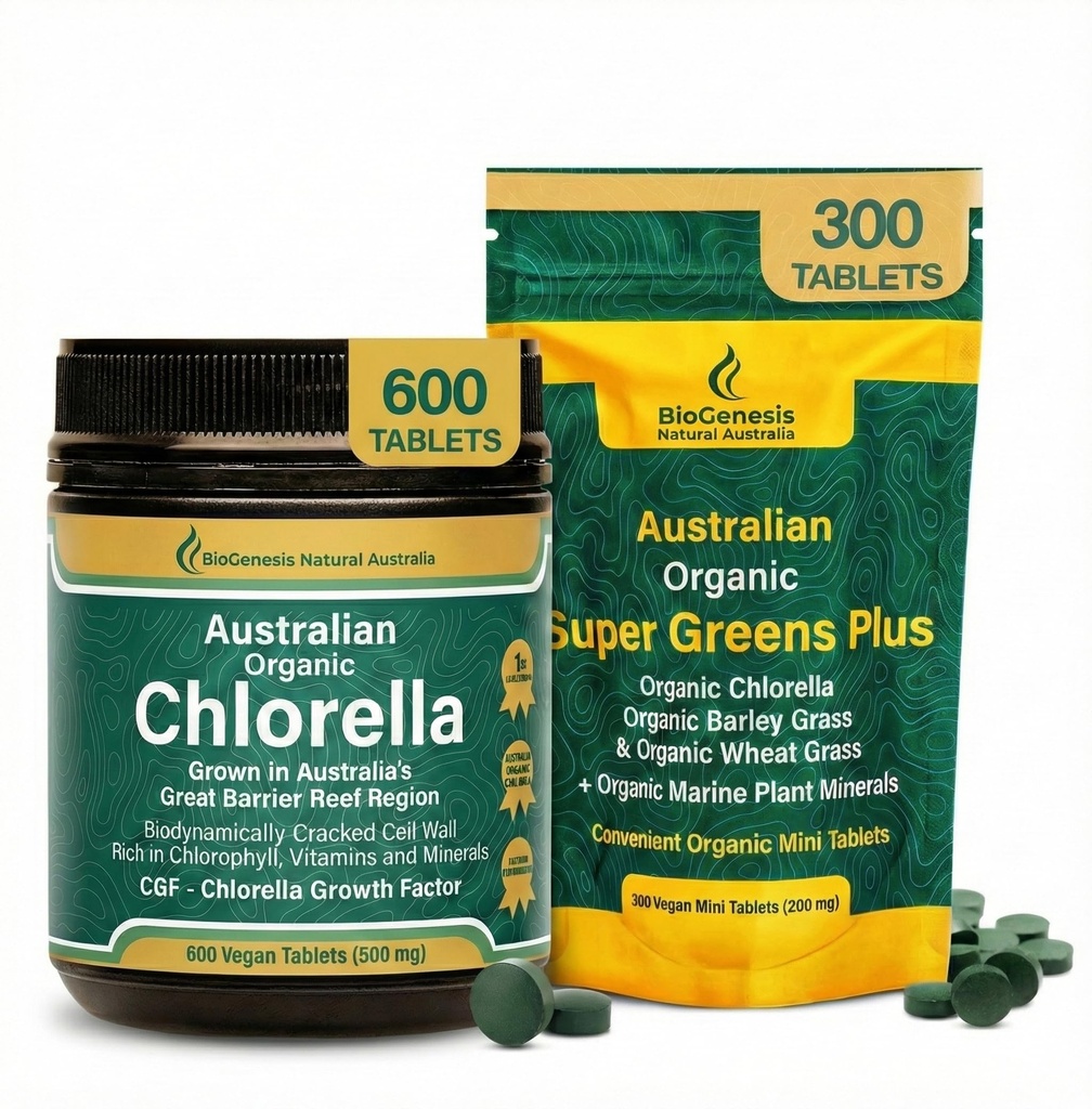 Biogenesis Complete Alkalizing Duo: Organic Chlorella (500mg) & SuperGreens Plus (Wheatgrass, Barley Grass) – 600 Total Tablets – BioDynamic Cracked Cell Wall, Vegan Green Superfood for Energy, Detox