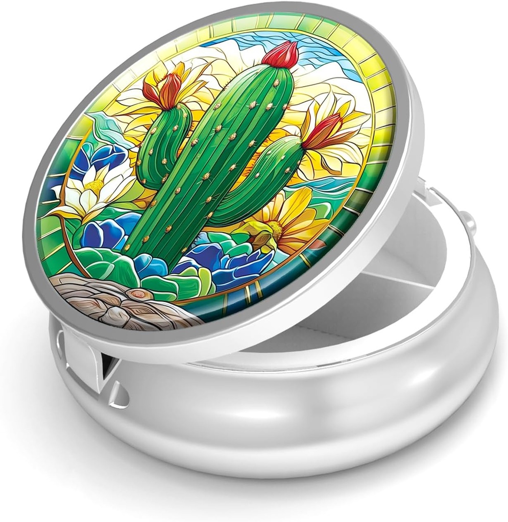 Pill Box-3 Compartment Small Pill Case for Purse & Pocket Mini Metal Pill Holder Travel Pill Container to Hold Supplements Vitamins BPA-Free (Cactus)