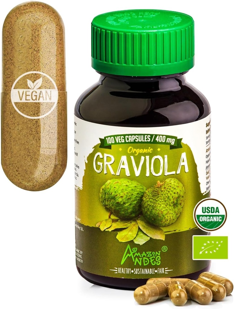Andes Graviola kapsułki - bogaty w witaminę C & Fiber - Stymulator układu immunologicznego - Zdrowe funkcje komórkowe - Wegan, Nie GMO, Gluten- free, Fairtrade Certified - 100 tabletek Soursop (400mg)