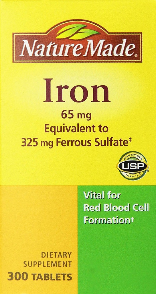 Nature Made Iron 65mg, odpowiednik 325 mg Siarczan żelaza - 300 tabletek