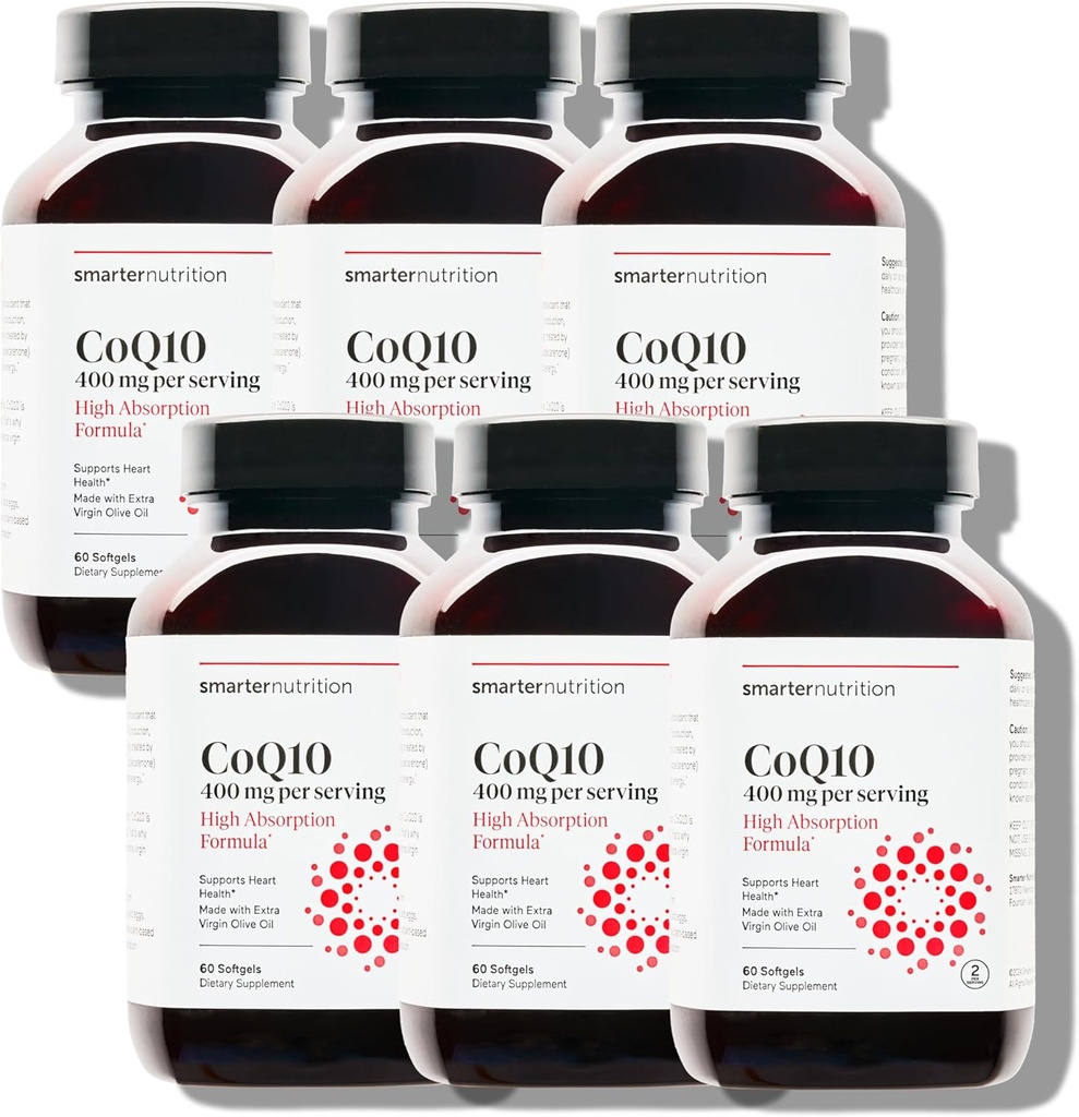 SMARTERNUTRITION CoQ10 400 mg Wysoka absorpcja - naturalnie fermentowany Ubichinon w / Organic Cold- Pressed Olive Oil - for Heart Health, Cellular Energy - Non-GMO, Gluten Free - 360 Count [180- Day Supply]
