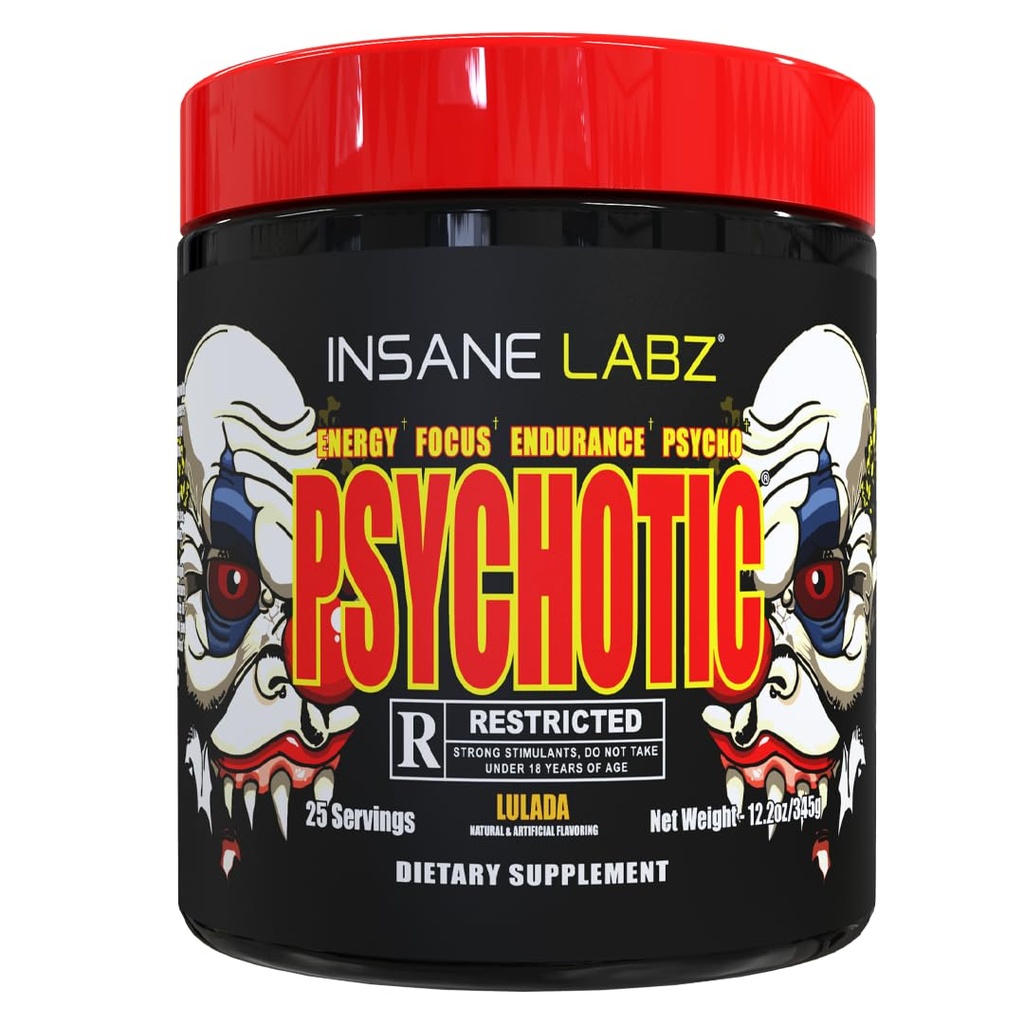 Insane Labz Psychotic Rated-R, High Stimulant Pre Workout Powder, Extreme Lasting Energy, Focus and Endurance with 8G+ L-Citrulline Malate, 3.2G+ Beta Alanine, 1G+ GABA, (25 Servings, Lulada)