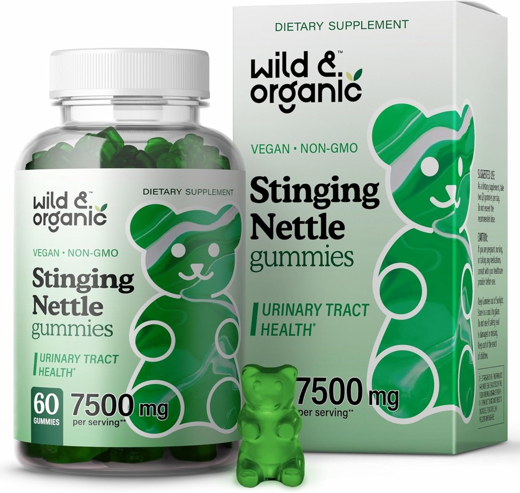 Wild & Organic Stinging Nettle Gummies 7500mg - Suplement Support Tract dla mężczyzn i kobiet ze Stinging Nettle Root Extract - 60 Vegan, Non-GMO Gummies