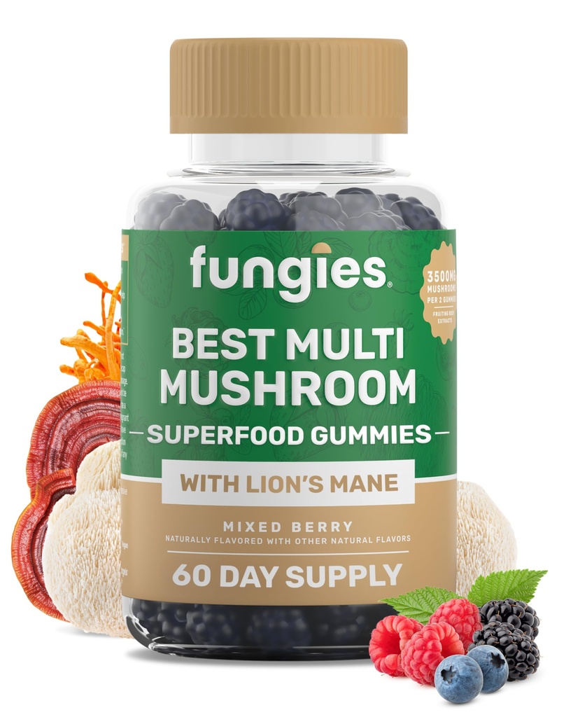 Fungie multi Gummies grzyb dla mężczyzn i kobiet - Mushroom Supplement zawiera grzyby Lwa, Cordyceps, Reishi, Chaga, Shiitake, Maitake & Turcja Ogon - Gelatin- Free, Gluten- Free & Vegan Gummy witaminy